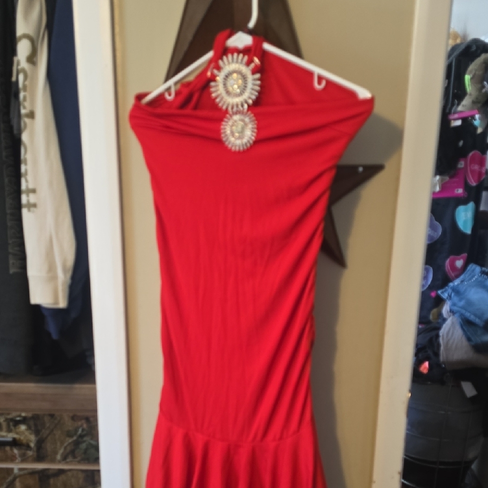 Bally Strapless Red Dress with Decorative Sunburst Accents Nwot Medium
